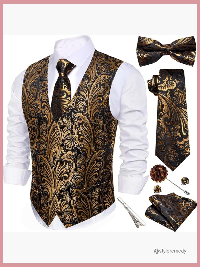 Silk Blend Formal Vest Set With Tie Bowtie Cufflinks 7pcs